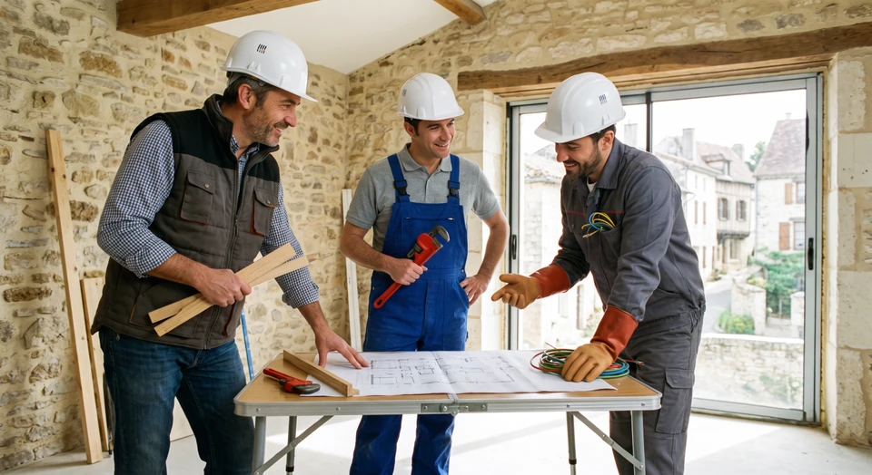Une équipe de trois artisans de différents métiers (menuisier avec outils bois, plombier avec outils sanitaires, électricien avec câbles/appareillage électrique) travaillant ensemble sur un chantier de rénovation intérieure. Ils sont en train d'examiner des plans ou de coordonner leur intervention dans un espace intérieur en rénovation. L'image doit transmettre la confiance, la professionnalité, la collaboration et la complémentarité des savoir-faire. Cadrage permettant de voir leurs équipements et vêtements de travail respectifs, dans un environnement de chantier réel et moderne.