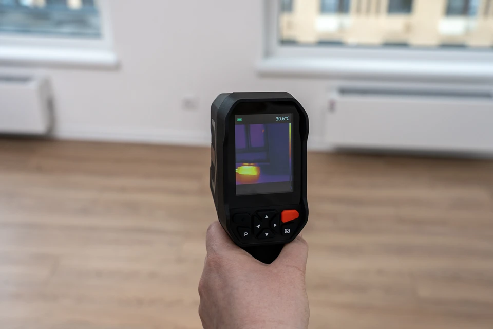 Chantier intérieur d'isolation thermique avec ouvrier installant laine de verre jaune entre montants métalliques sur mur de briques apparentes