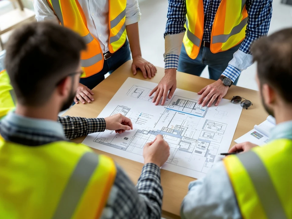 Atelier de construction avec rouleaux d'isolant thermique jaune stockés sur chantier