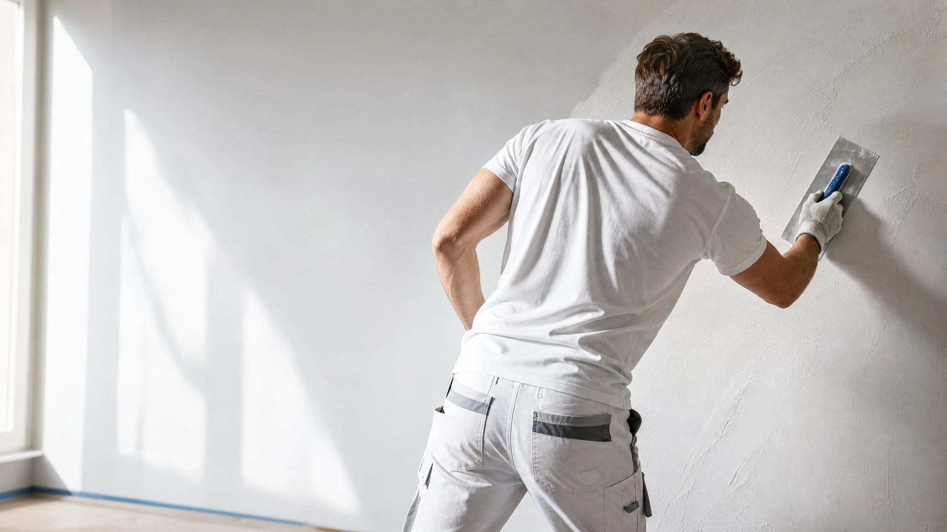 Artisan en salopette applique de l'enduit au couteau sur un mur intérieur près d'une fenêtre avec volets