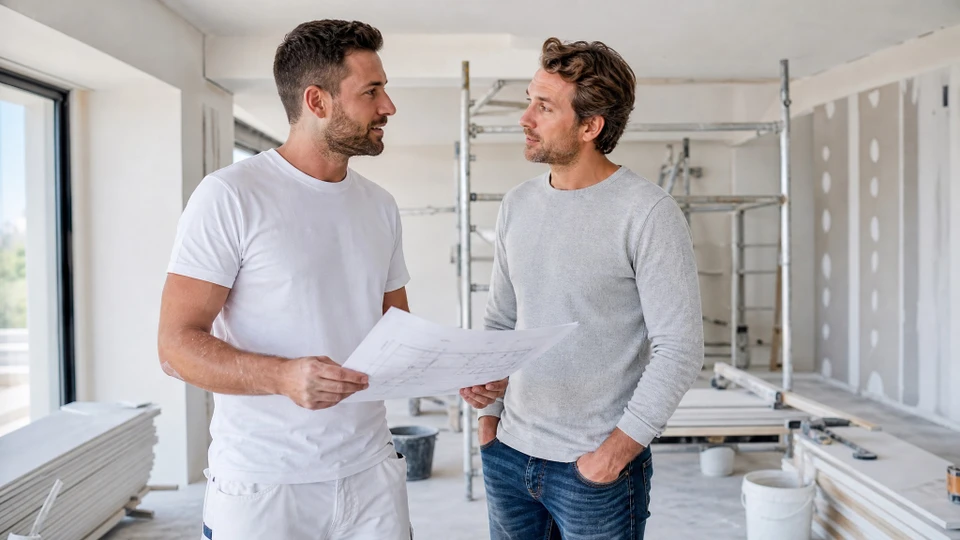 Photographie en couleur montrant un chantier de rénovation intérieure en cours. On distingue un homme en tenue professionnelle (polo ou chemise, casque de chantier) au centre du cadre, regardant un plan ou un document, entouré de plusieurs artisans travaillant sur différentes tâches coordonnées : un artisan en hauteur travaillant la menuiserie/plafonnage, un autre positionné différemment exécutant une autre tâche. L'atmosphère générale doit montrer l'organisation, la coordination et la collaboration entre plusieurs corps de métiers sur un même chantier. La lumière naturelle, les matériaux de rénovation visibles (plaques de plâtre, isolant, etc.) et un environnement intérieur en cours de transformation doivent renforcer le sentiment de projet global orchestré. Photo réaliste de qualité professionnelle.