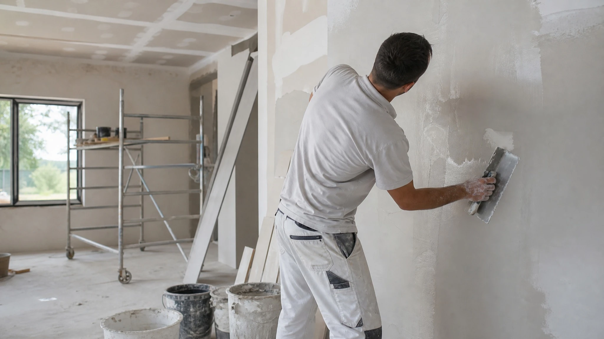 Ouvrier en salopette appliquant de l'enduit au plafond dans une pièce en rénovation