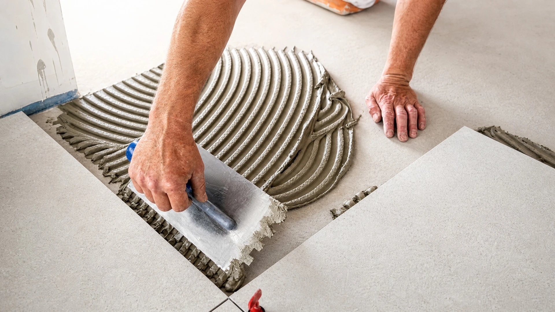 Intérieur d'une pièce en cours de rénovation montrant un artisan appliquant du plâtre ou posant une plaque de plâtre sur un mur intérieur. La scène doit représenter clairement les compétences en plâtrerie/isolation et rénovation intérieure de 2PS. Environnement professionnel de chantier, matériel de plâtrerie visible, lumière naturelle, aspect authentique et de qualité professionnelle.