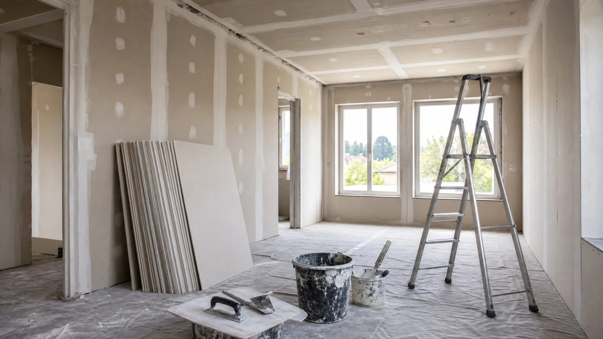 Ouvrier en combinaison grise et casque orange installant des plaques de placo sur un plafond intérieur